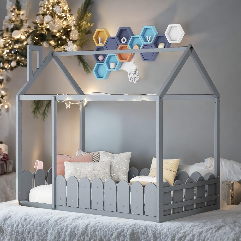 Playhouse Design Twin Size House Bed Kids Grey Mid-Century Modern