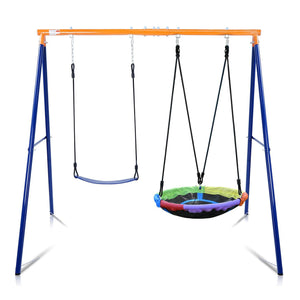 Swing Set for Backyard with Heavy-Duty A-Frame Metal Outdoor Stand Blue Orange Multi-Child Swings