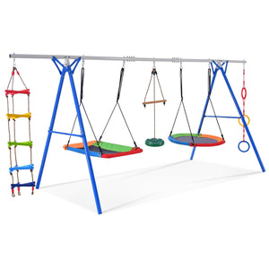 Outdoor 5 in 1 Playground Swing Sets with Stand for Kids Blue Traditional Metal Weather Resistant