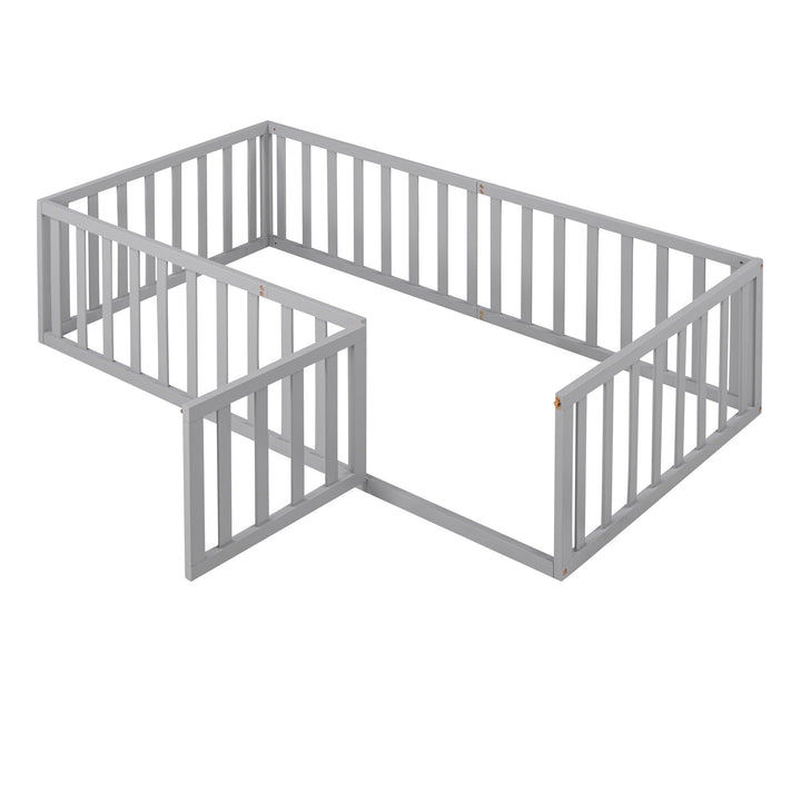 Elegant Design Twin Size House Bed Kids with Fence and Door Grey