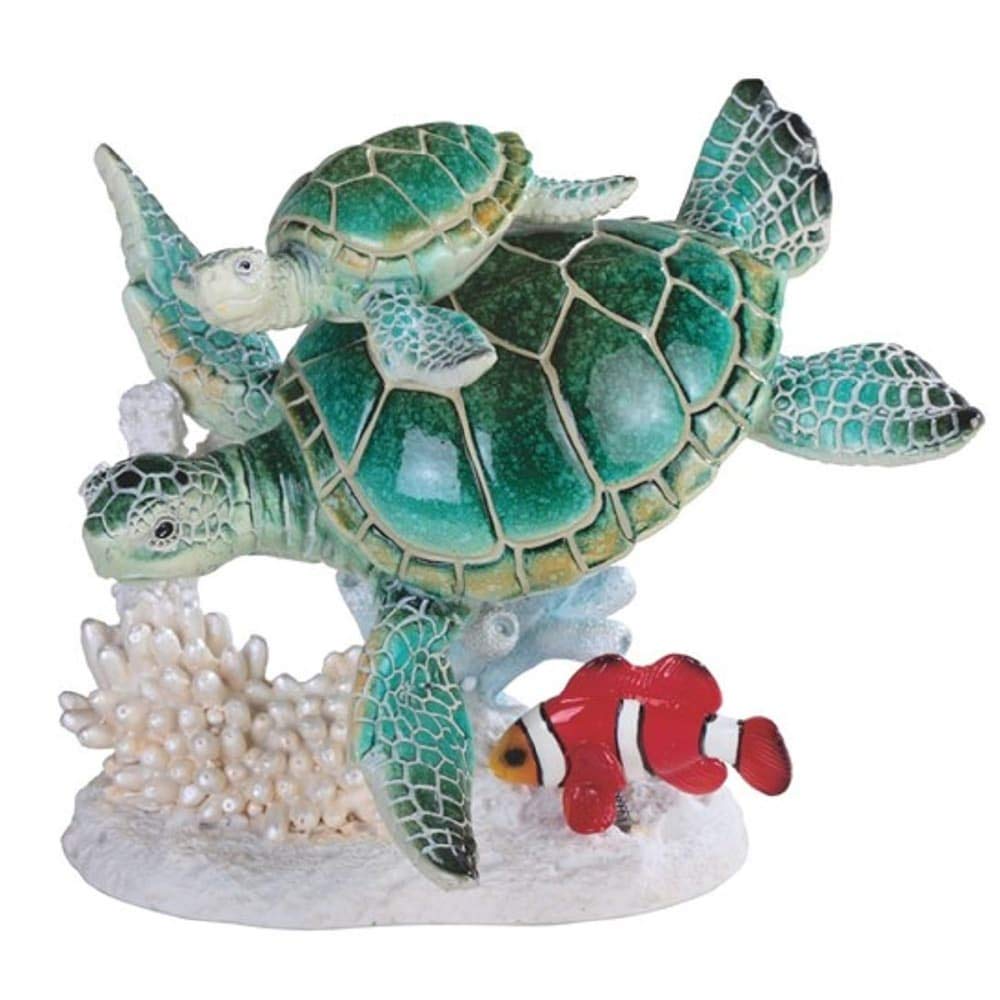 6.5" h Green Sea Turtle and Baby Swimming with Clownfish Statue Marine Life Decoration Figurine Animals Polyresin