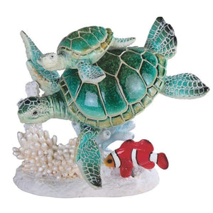 6.5" h Green Sea Turtle and Baby Swimming with Clownfish Statue Marine Life Decoration Figurine Animals Polyresin