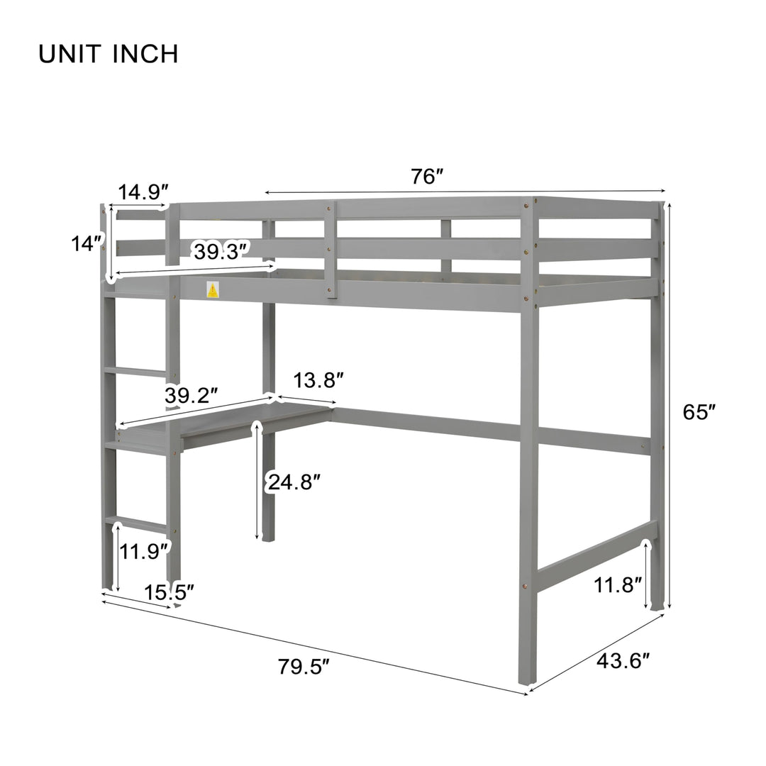 Twin Size Pine Wood Loft Bed Frame with Built-in Desk Kids Ladder