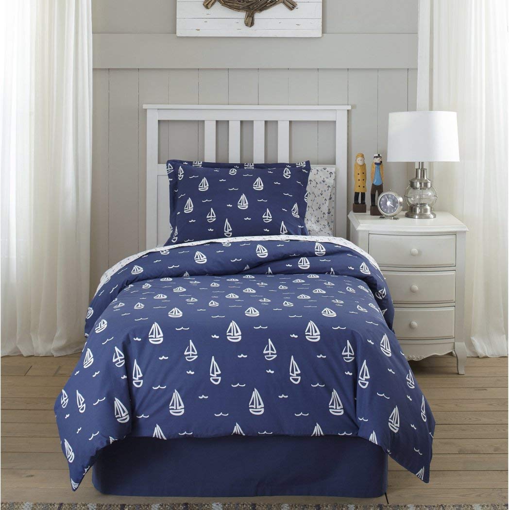 Boys Navy Blue White Nautical Comforter Set Queen, Light Blue Geometric Anchors Galore Teen Themed Reversible Kids Bedding for Bedroom Fancy Casual Colorful, Cotton