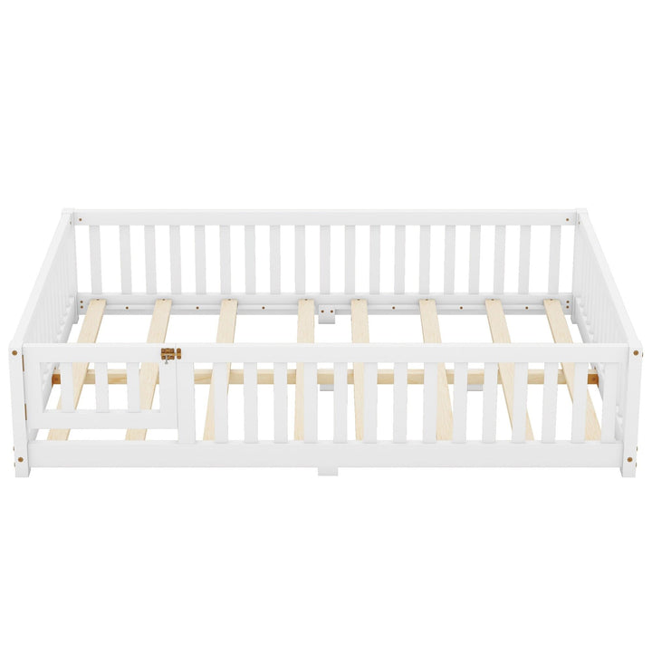 Wood Kids Platform Floor Bed with Rails and Switched Door White