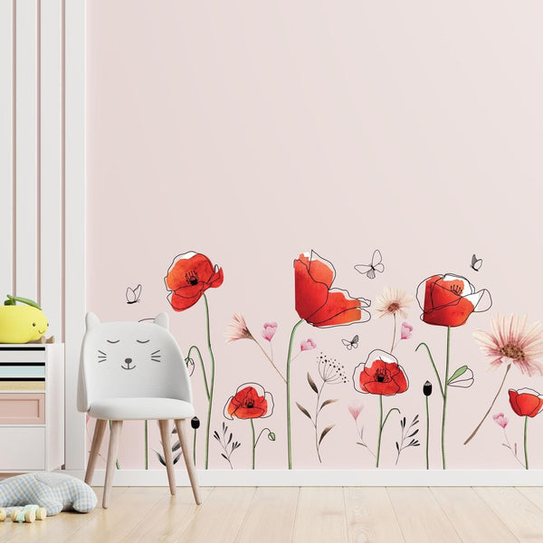 Delicate Flowers with Poppies Wall Stickers Decals Pink