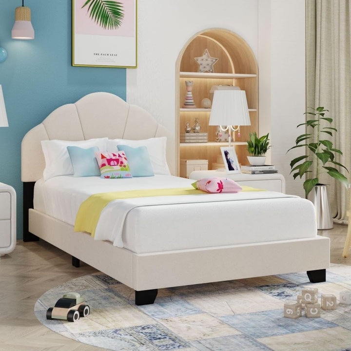 Upholstered Twin Size Wooden Platform Bed Frame for Kids with Shell Design Headboard Beige Wood