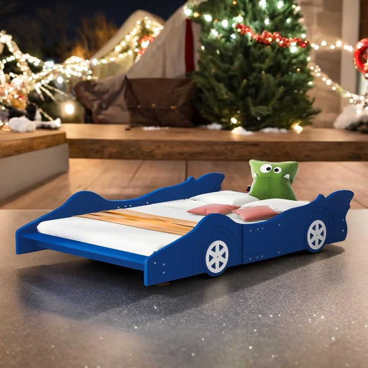 Design Full Size Car-Shaped Platform Bed Kids Blue Mid-Century