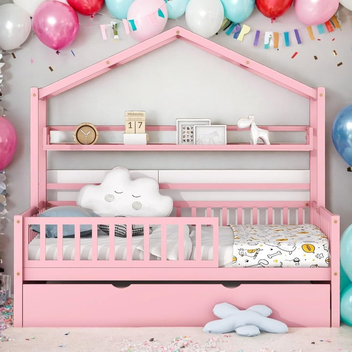 Full Size Wooden House Bed Kids with Twin Trundle and Shelf Pink