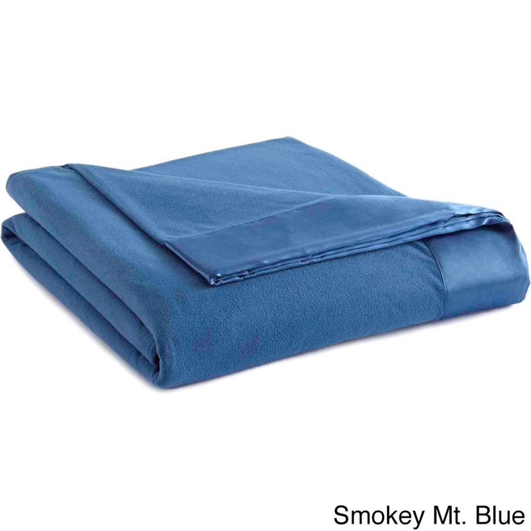 60 x 90 Inch Twin Smokey Blue Lightweight Sheet Style Throw Blanket for Kids, Light Blue Solid Color Fleece Micro Flannel Woven Knit, 4 Inch Matching Dyed Satin Classic Traditional Polyester