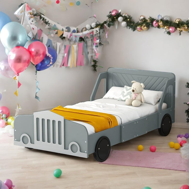 Twin Size Bed Kids Car Grey Mid-Century Modern Contemporary Wood