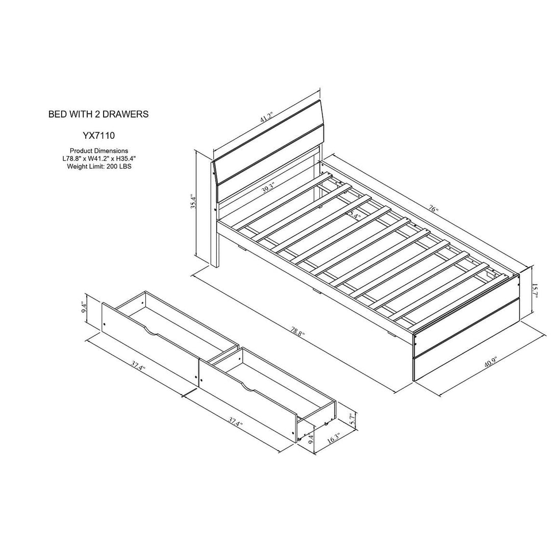 Twin Size Wood Bed Frame with Drawers Wooden Platform Headboard and