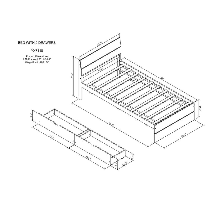 Twin Size Wood Bed Frame with Drawers Wooden Platform Headboard and