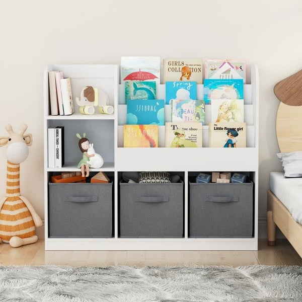 Kids Multifunctional Bookcase Toy Storage Organizer W/ 3 Collapsible Fabric Drawers Grey Modern Contemporary Construction Linen MDF Wood Finish Includes Hardware