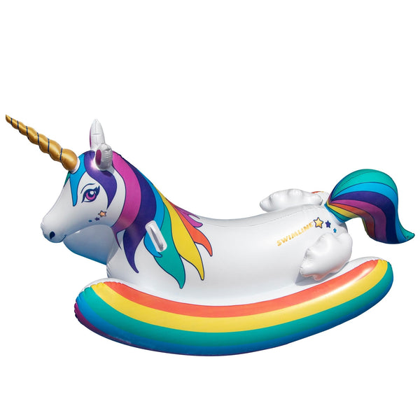 86" Inflatable White and Yellow Unicorn Rocker Swimming Pool Float