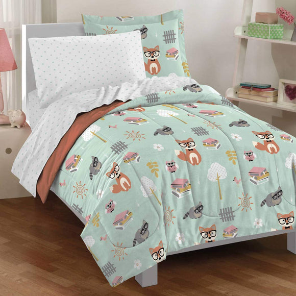 Kids Unisex Mint Orange Woodland Comforter Twin Set, Green Safari Themed Bedding Adorable Forest Animals Bed In Bag Foxes Raccoons Owls Wearing Glasses Trees Birds Fence Cute Novelty Polyester