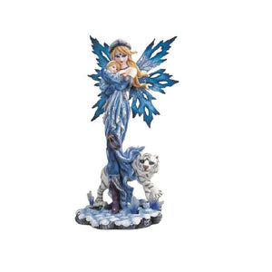 12.75" h Snow Fairy with Baby and White Tiger Statue Fantasy Decoration Figurine Blue Polyresin