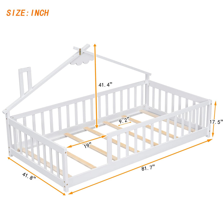 Twin Pine Wood House-Shaped Bedside Floor Bed with Guardrails Kids