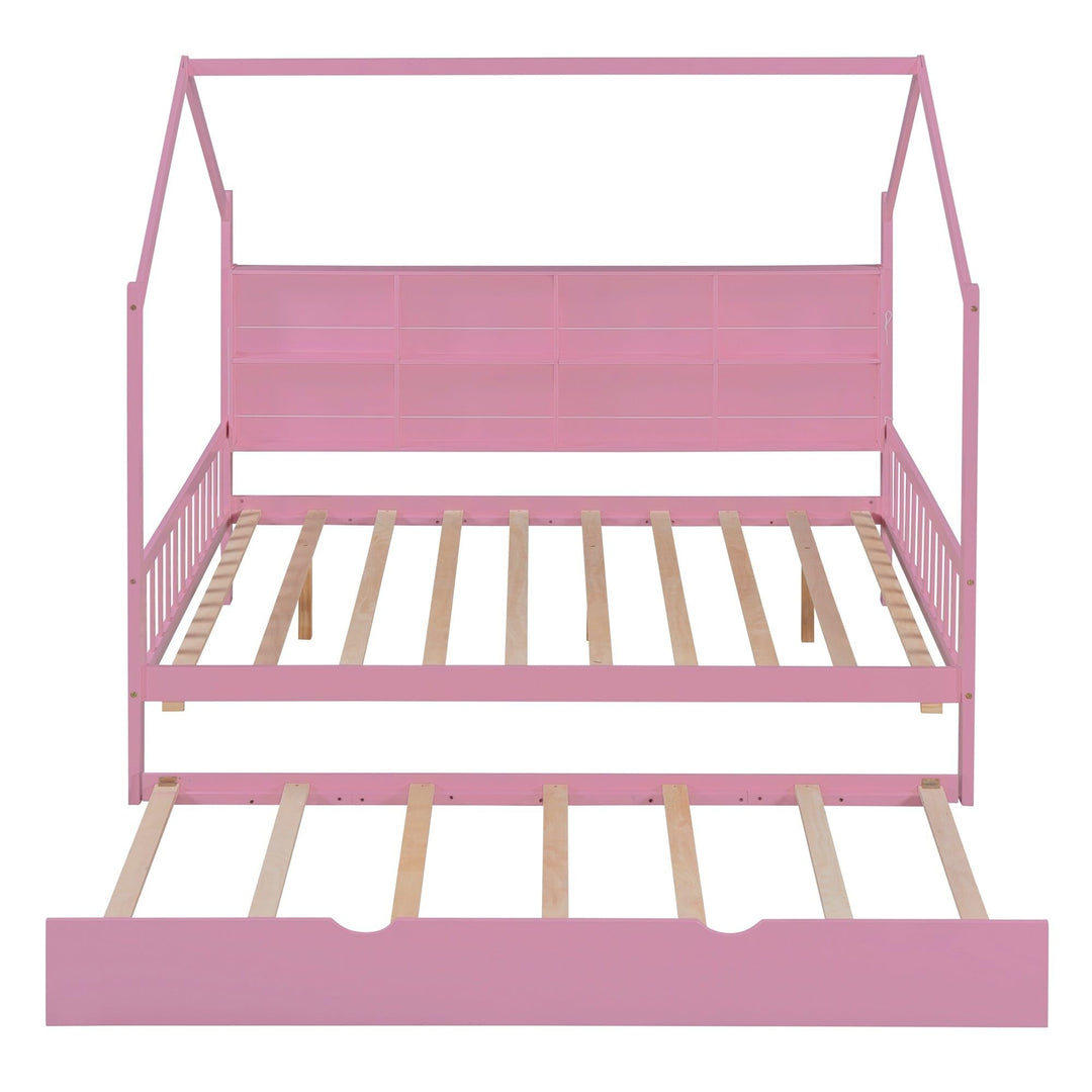 Full Size Wooden House Bed Kids with Trundle and Shelf Pink Modern