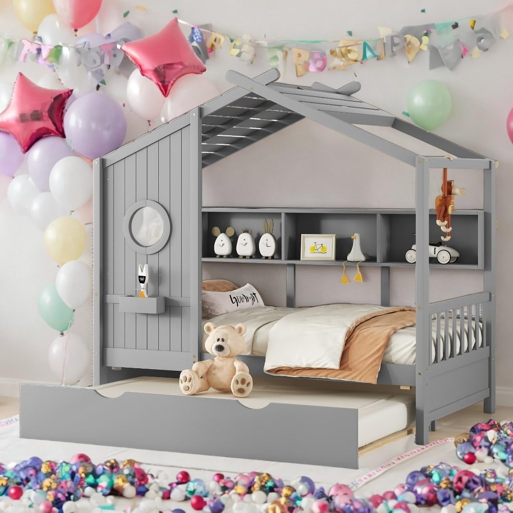 Wooden Twin Size House Bed with Trundle Modern Design for Kids with