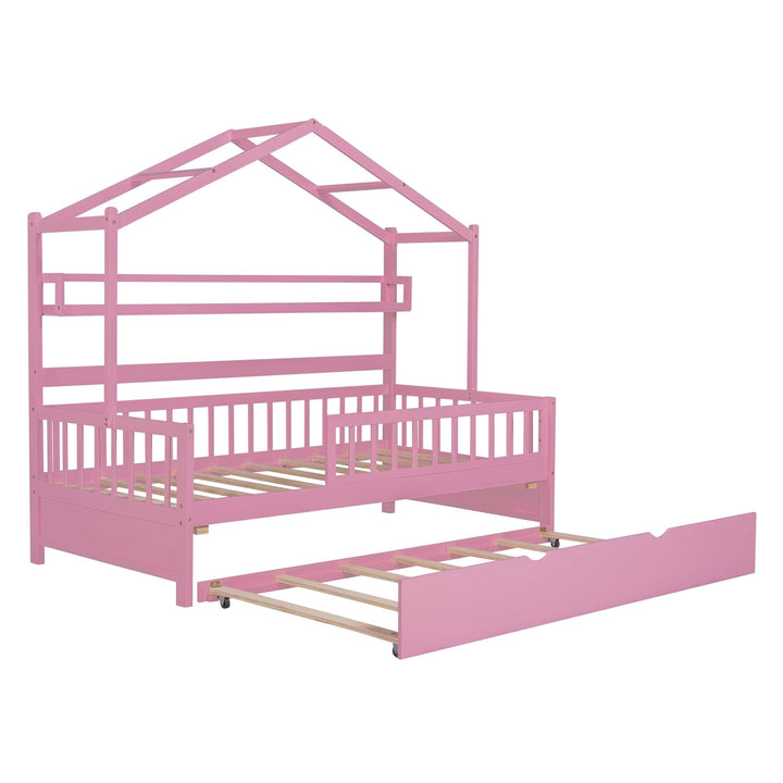 Twin Size Wooden House Bed Kids with Trundle and Shelf for Home Pink