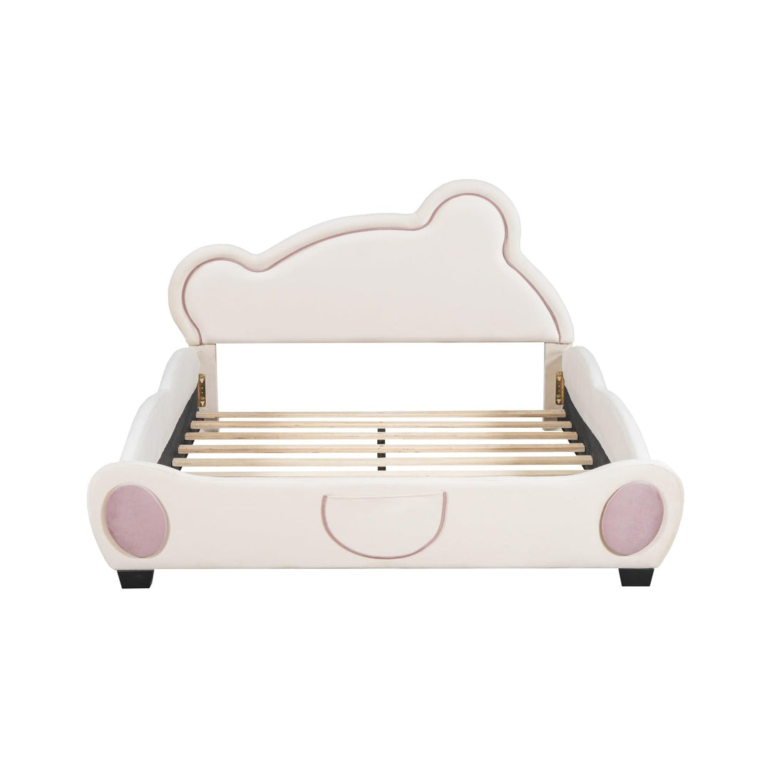 Full Velvet Platform Bed Frame with Bear-Shaped Headboard Bed-end