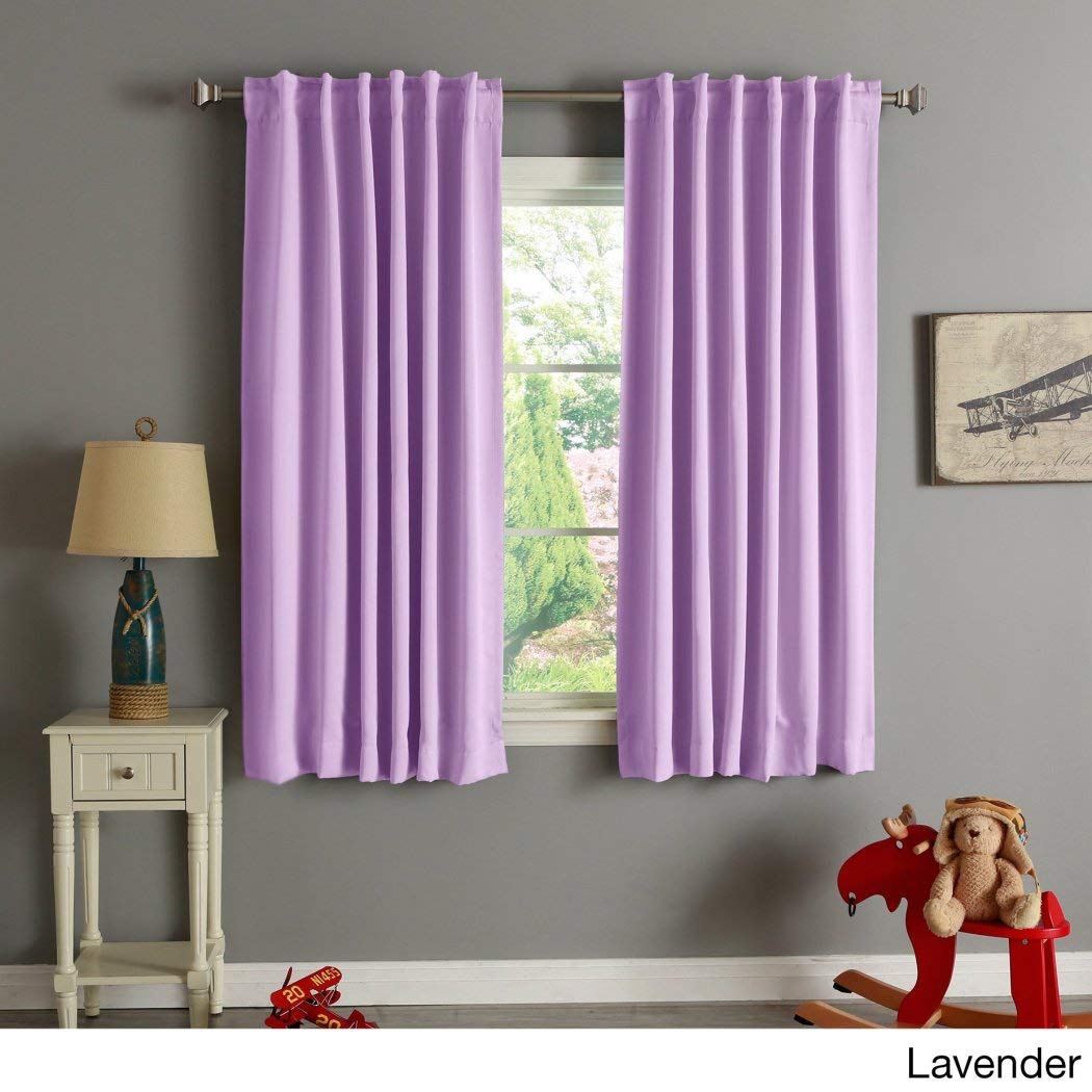 63 Inch Girls Lavender Solid Color Blackout Curtain Panel Pair, Purple Color Window Drapes, Kids Themed Thermal Energy Efficient Rod Pocket Playful Luxurious, Polyester