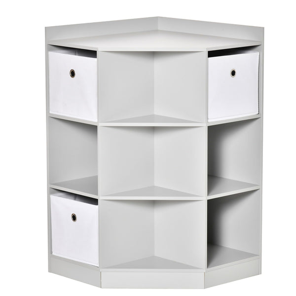 Corner Cabinet Cubby Toy Storage Organizer Bookshelf Unit with Baskets White Modern Contemporary Square Wood Natural Finish Shelving