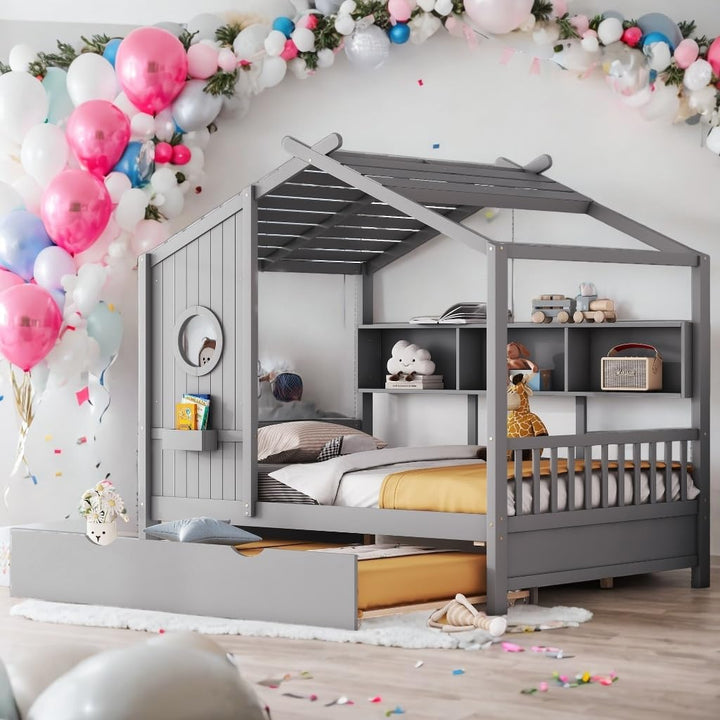 Modern Full Size Wooden House Bed with Trundle Storage for Kids Grey