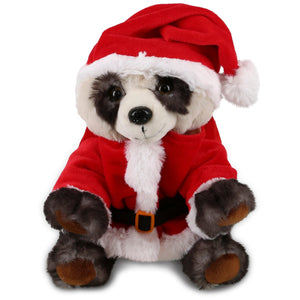 Santa Squat Panda Bear Stuffed Animal with Red Outfit 10 Inches Black White Polyester