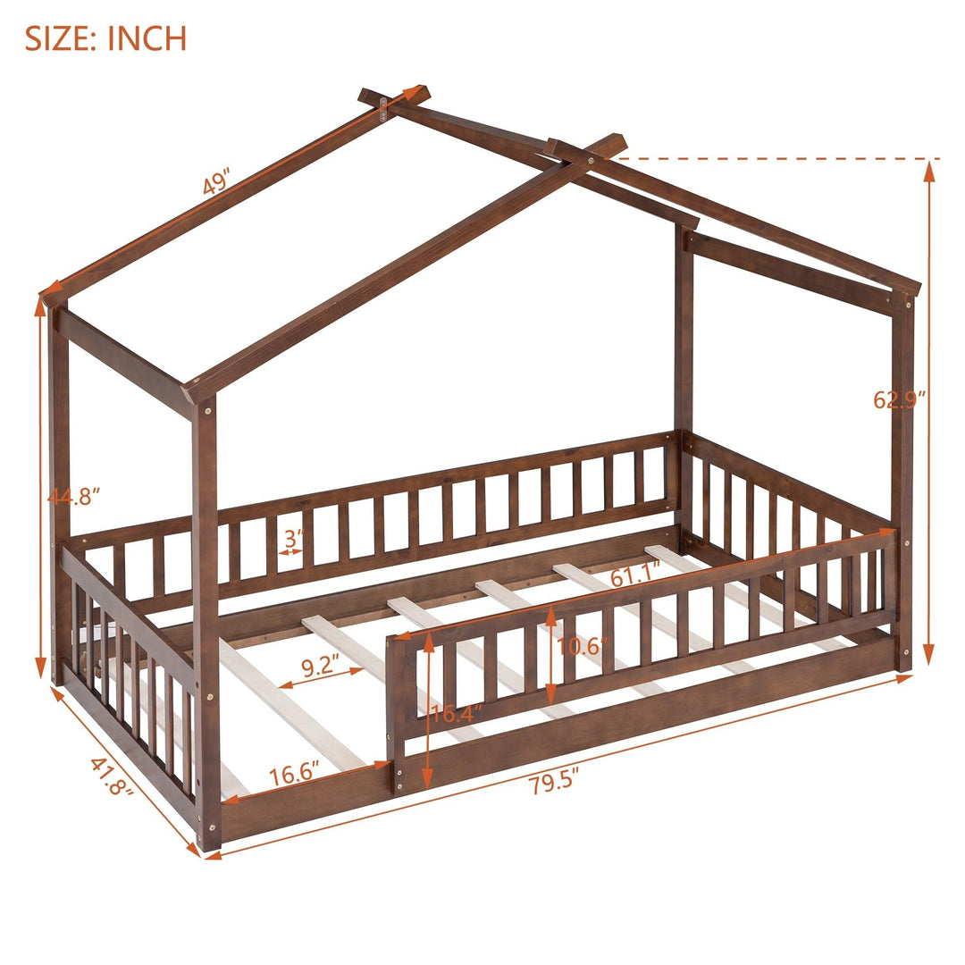 Twin Size Wood Bed House Frame with Fence for Kids Teens Girls Boys