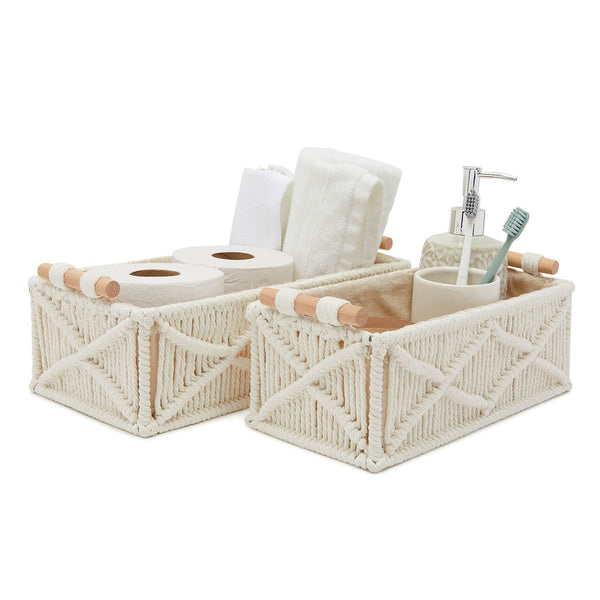 Macrame Basket Storage for Bohemian Style Home and Nursery (2 Sizes White 2 Pack) Eclectic Cotton No Accessories