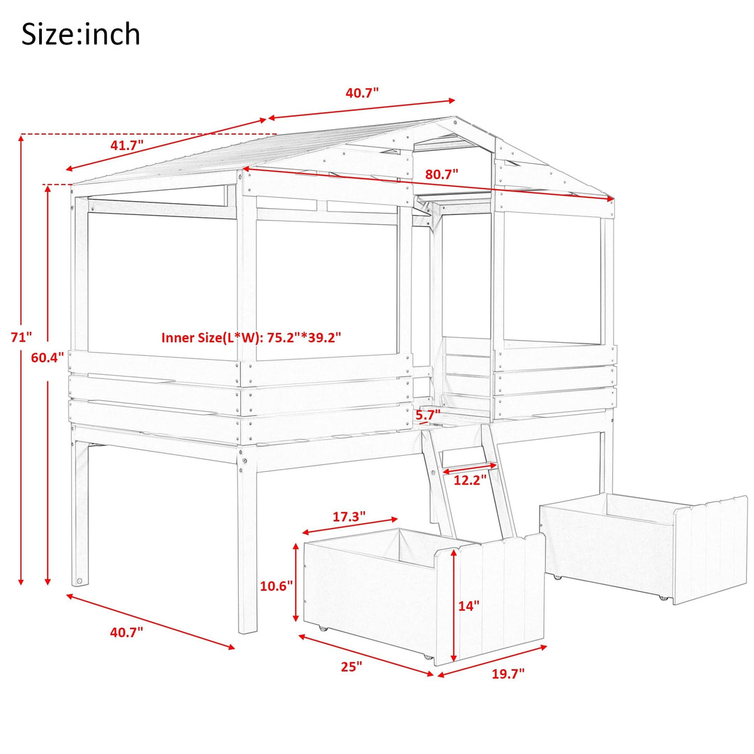 Twin Size Bed for Kids Low Loft with 2 Storage Drawers Roof and