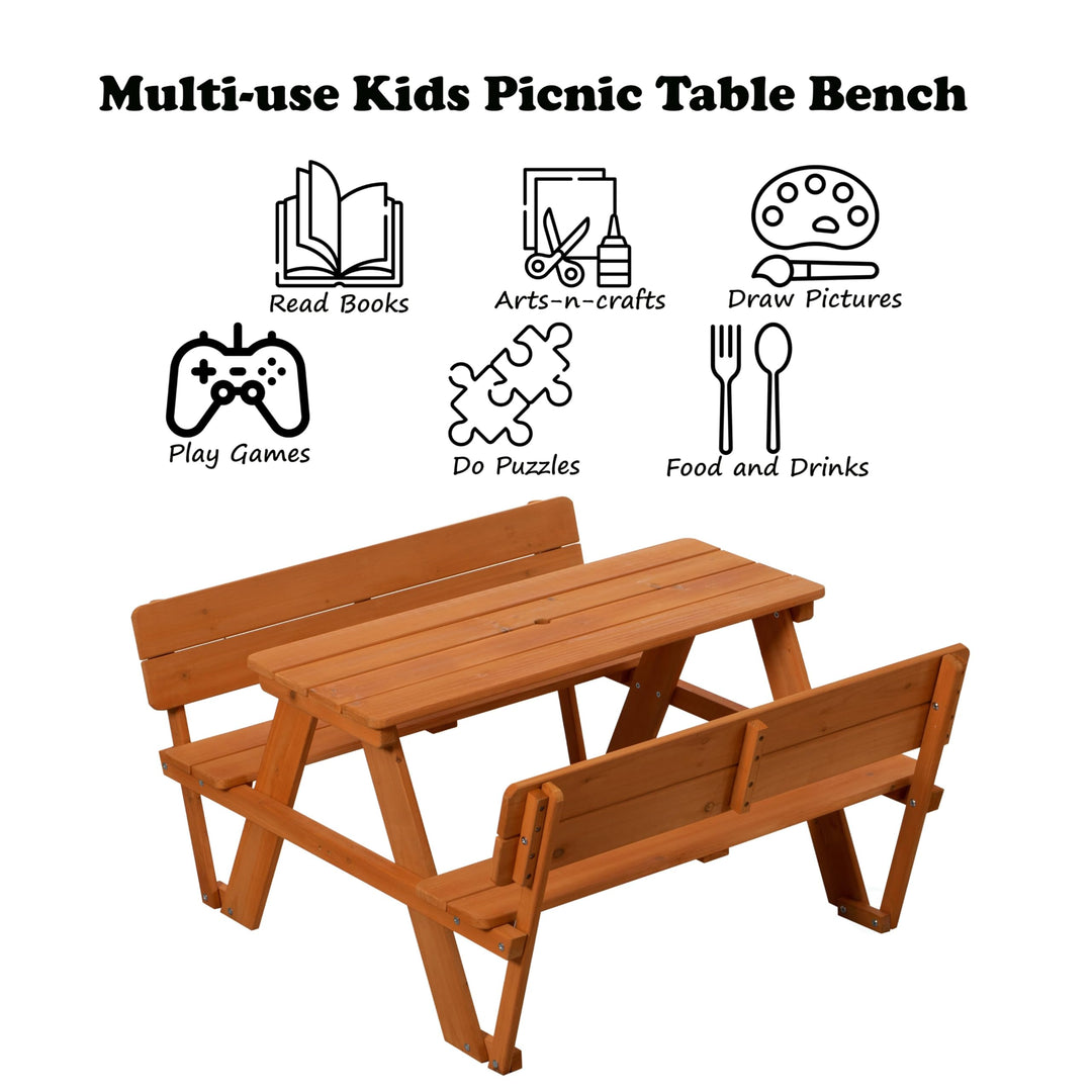 Wooden Kids Picnic Table Bench with Backrest Outdoor Children's