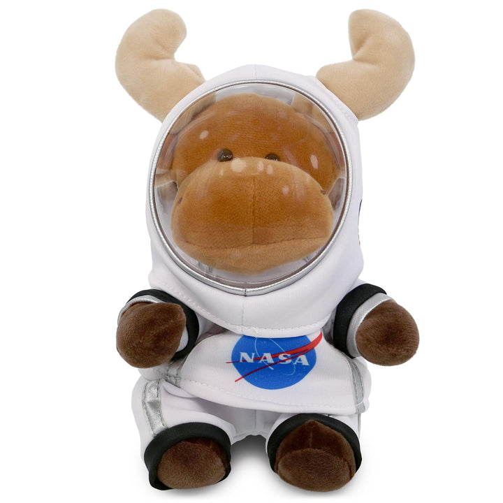 Sitting Moose Astronaut Plush Toy with Helmet and Suit 6 Inches Brown White Polyester