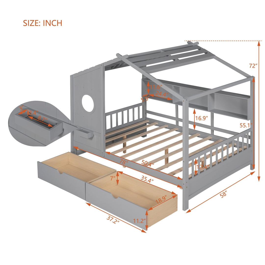 Full Size Wooden House Bed Kids with 2 Drawers and Storage Shelf