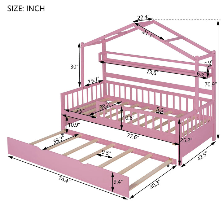 Twin Size Wooden House Bed Kids with Trundle and Shelf for Home Pink