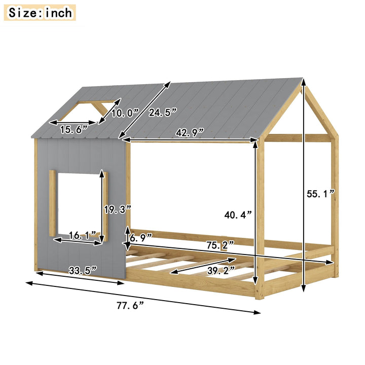 Twin Size Wood House Bed with Roof and Window Floor Frame for Kids