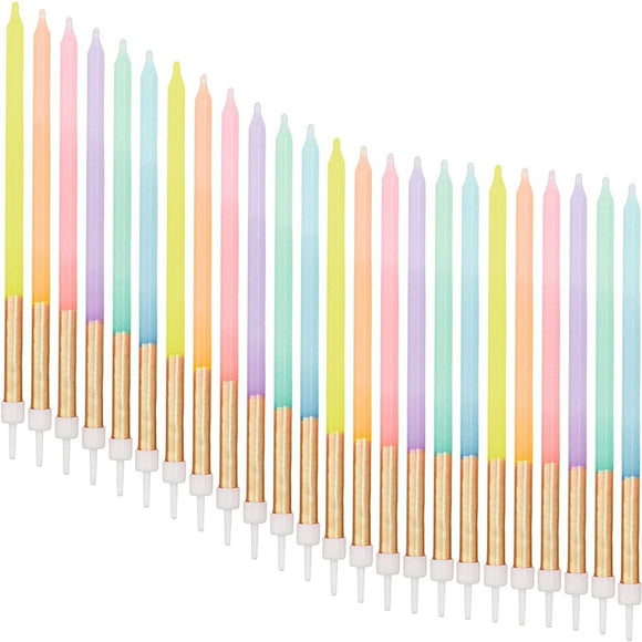 24 Pastel Gold-Dipped Birthday Cake Candles Multi Color Wax