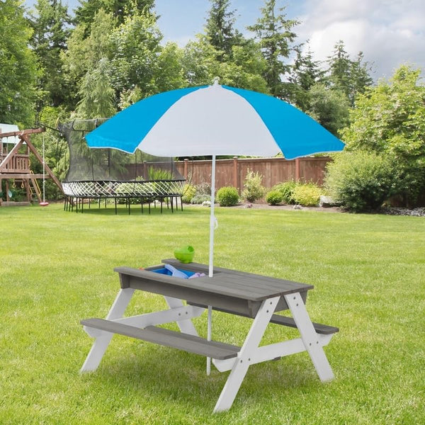 Outdoor Wooden Kids Picnic Table with Umbrella Convertible Grey Wood Umbrella/Canopy