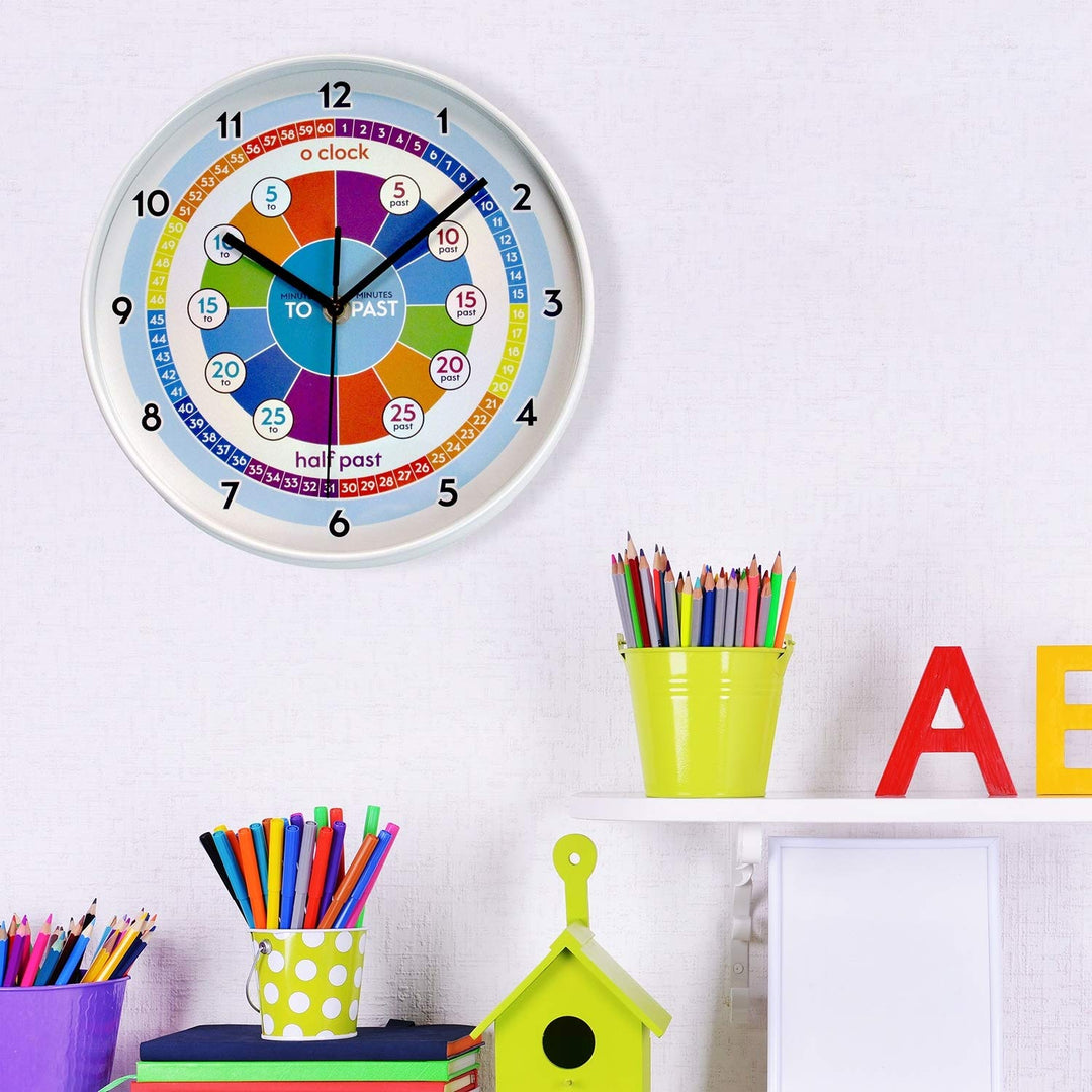 Colorful Kids Clock Time Learning DIY Art Home Decoration Blue Modern Contemporary Round Plastic Minute Hand