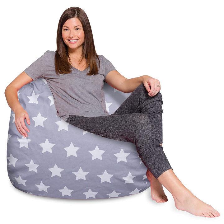 Posh Creations Bean Bag Chair for Kids, Teens, and Adults Includes Removable and Machine Washable Cover, Canvas White Stars on Gray, 48in - X-Large