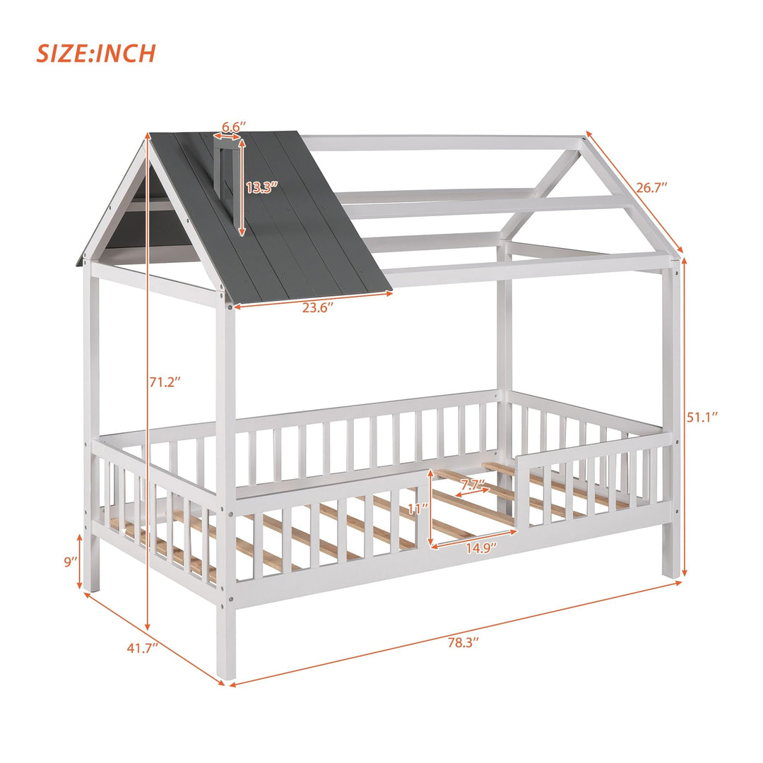 Design Twin Size House Bed Kids with Fence White Mid-Century Modern