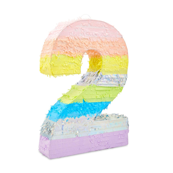 Large Number 2 Pinata For Girl's 2nd Birthday Party Decorations Rainbow Pastel (21x14.7x4 In) Multi Color Children's Paper Matte, Medium