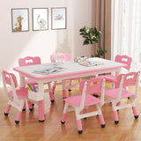 Kids Table and 6 Chairs Set Pink Wood Almond