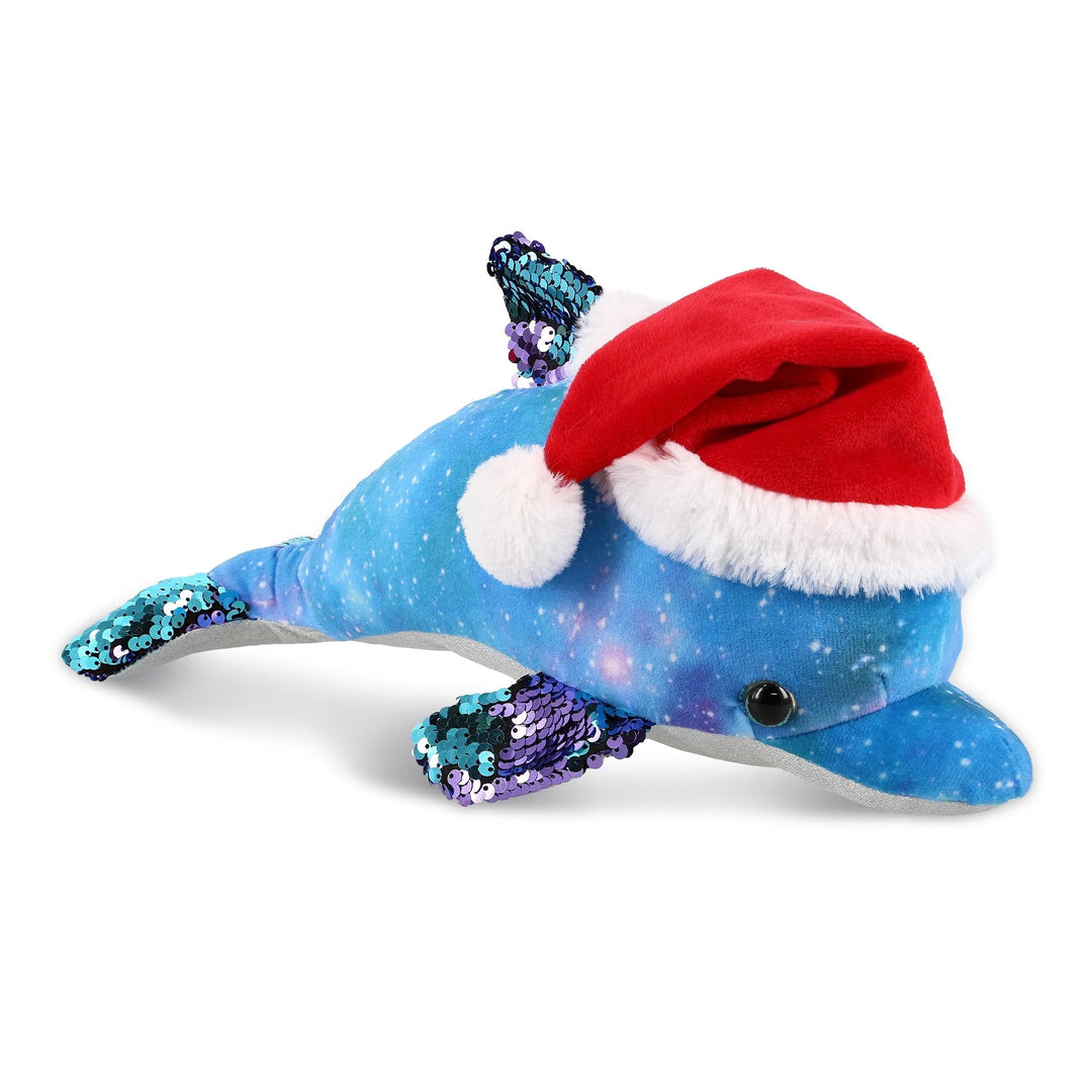 Santa Space Sequin Dolphin Stuffed Animal Plush with Hat 12 Inches Blue Red White Polyester