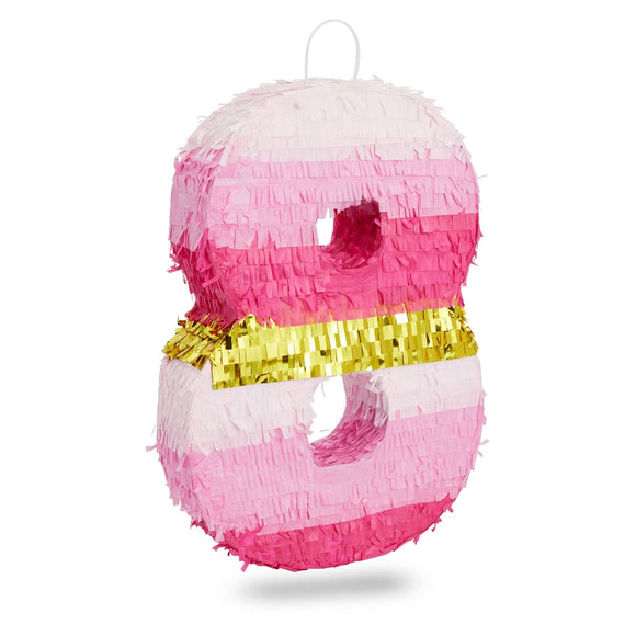 Small Pink and Gold Foil Number 8 Pinata for Kids 8th Birthday Party Decorations (16.5 X 11 Inches) Wood