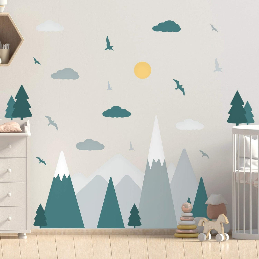 Green Grey Mountains Landscape Clouds Birds Children Wall