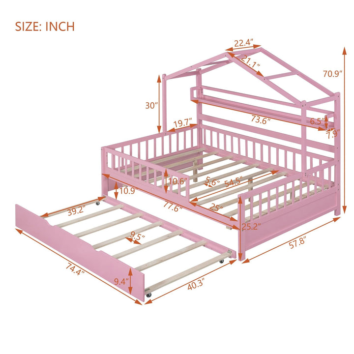 Full Size Wooden House Bed Kids with Twin Trundle and Shelf Pink