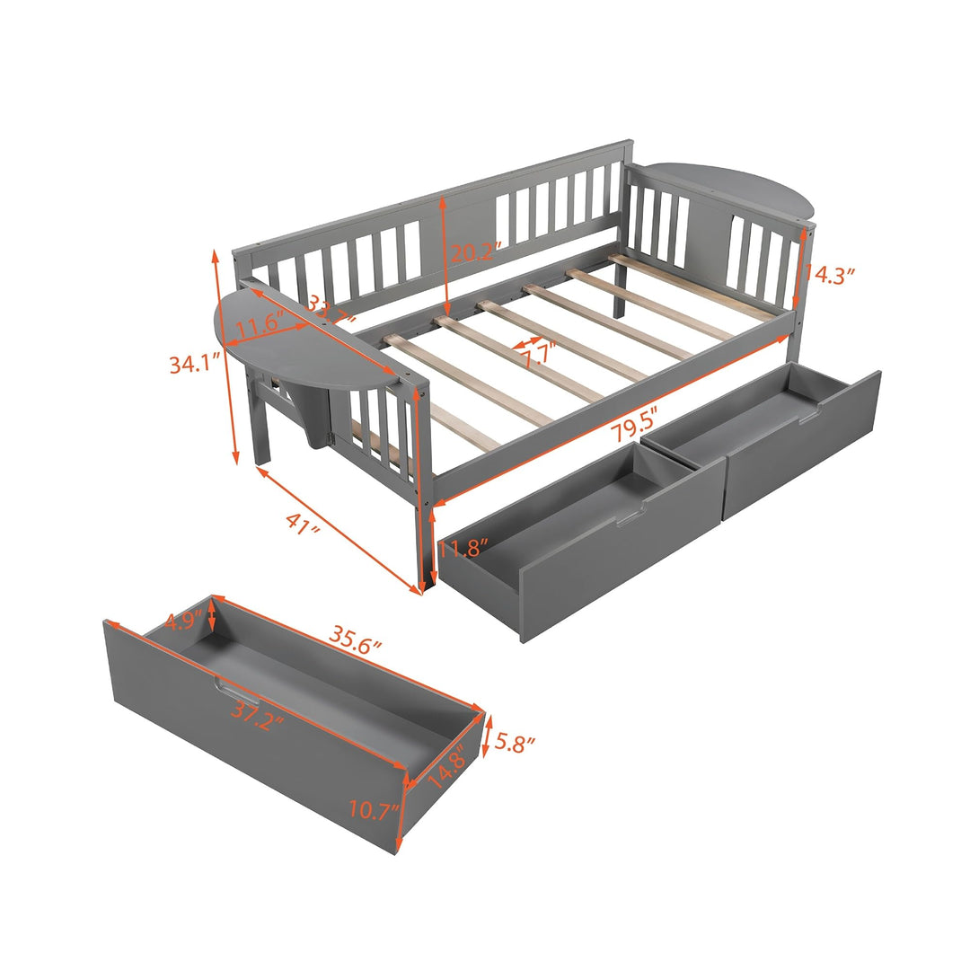 Elegant Design Twin Size Daybed Wood Bed Kids with Two Drawers Grey